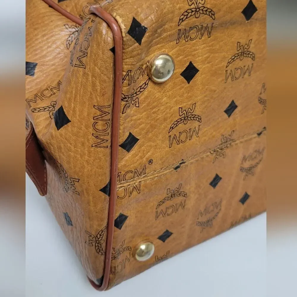Authentic MCM Vintage Cognac Monogram Leather Visetos Boston Bag